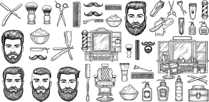 Vintage Barber Shop and Grooming Illustration Collection with Beard Styles, Shaving Tools, Haircuts, and Salon Equipment