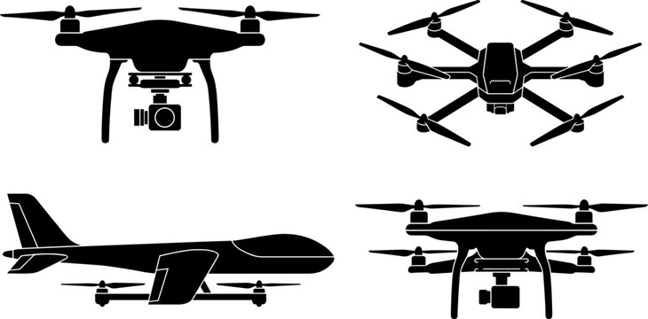 Drone and Unmanned Aircraft Silhouette Collection Featuring Aerial Photography Surveillance Technology and Modern Aviation Systems