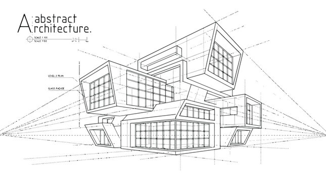 Abstract Architectural Blueprint with Perspective Lines and Text architecture drawing