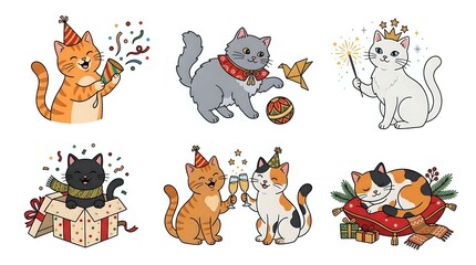Obraz premium Cartoon cats isolated on white background, featuring orange tabby, gray, white, and calico kittens in playful poses with festive elements. Clipart for design projects.