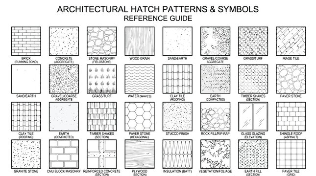 Architectural hatch patterns and symbols reference guide with 30 different material textures and fills
