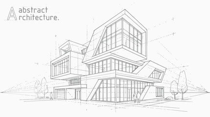Fototapeta premium Architectural Sketch of a Modern Building with Perspective and Trees architecture drawing