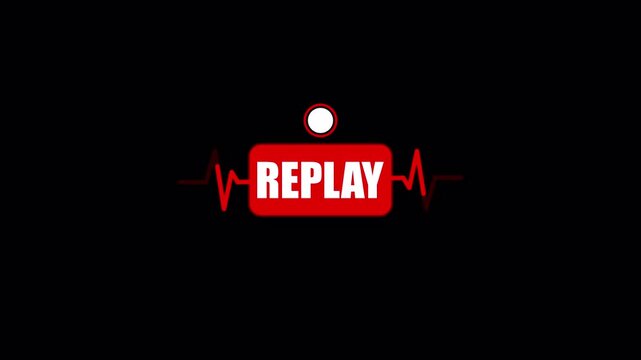 A red replay label with heartbeat pulse on black, suitable for restart prompts, media repeat controls, and animated video status graphics.