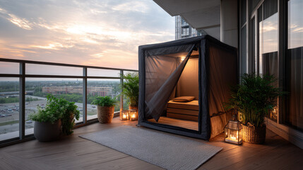 Obraz premium Portable home sauna creating a personal wellness retreat on a modern high rise balcony, offering relaxation an experience in urban living with city views at sunset