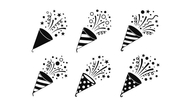Vector illustration of set of party poppers with confetti and streamers on a transparent background