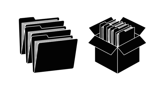 Vector illustration of folders in a row and folders in a box on a transparent background