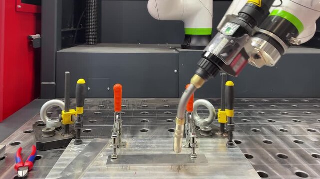 Robotic arm cold welding. High-speed, low-temperature, virtually spatter-free welding. Modern industrial fabrication for high precision manufacturing and automation.