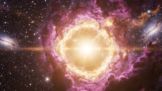Cosmic Supernova Explosion with Expanding Fiery Rings and Purple Nebula Clouds Glowing in Deep Space, 3D CGI Animation Zoom