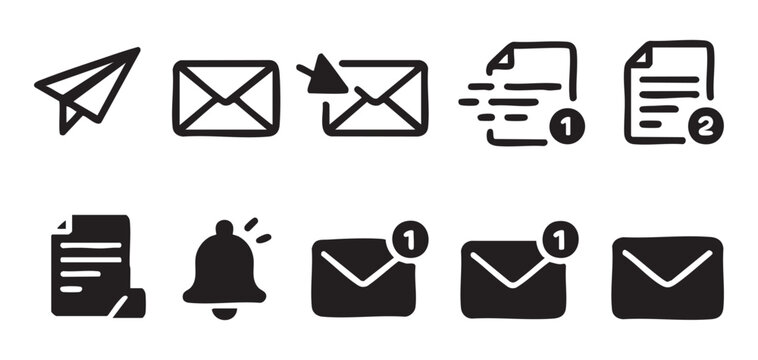 Set of email and communication icons including paper plane and notifications.