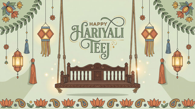 Decorative Hariyali Teej swing with festive lanterns and floral accents for greeting card design