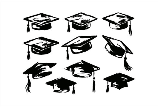 Graduate cap set abstract paint vector black and white