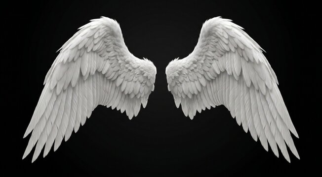 Front-facing pair of large white angel wings displayed symmetrically against a smooth black gradient background, intricate overlapping feathers with realistic depth and volume