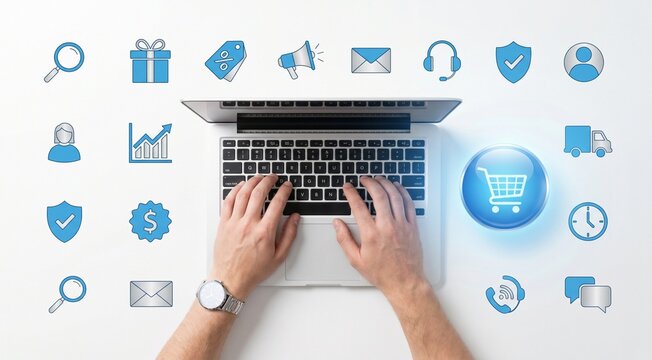 Top view of a person typing on a laptop placed on the right side of the frame, large rounded blue online shopping button with white shopping cart icon in the center, blue e-commerce 