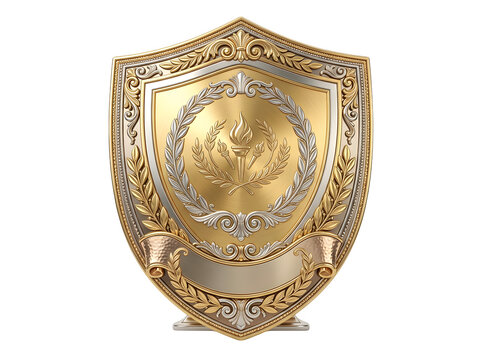 Golden shield with silver laurel wreath and torch emblem isolated on transparent background