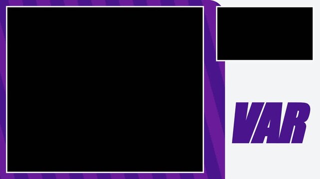 VAR sports broadcast transition with purple stripes and black frame overlays for video assistant referee review.