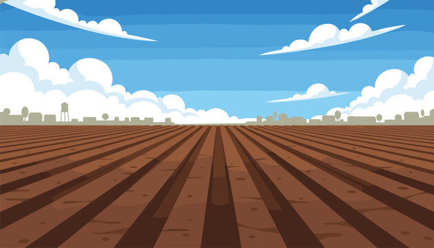 Wide angle view of plowed farm field with brown soil furrows under blue sky with fluffy white clouds and distant horizon.