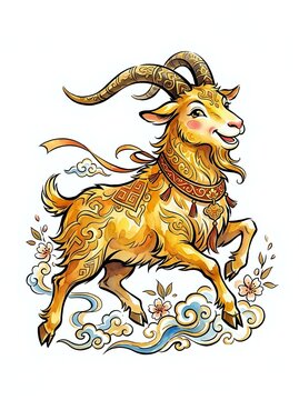 Ornate golden goat with curved horns and decorative patterns, isolated on white background, ready for t-shirt design, clipart, and merchandise applications.