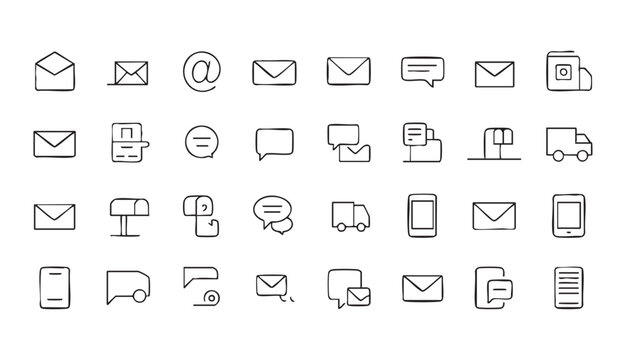 Set of diverse thin line icons for email messaging service including mailboxes and mobile devices.