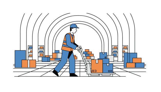 Warehouse worker pulls loaded pallet jack through storage facility aisle while moving heavy cardboard boxes between inventory shelves during daily logistics operations.