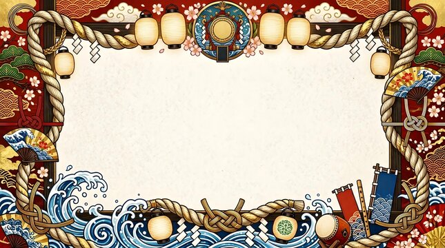 Ceremonial Shimenawa Rope And Glowing Lanterns Decorative Frame Festival Background