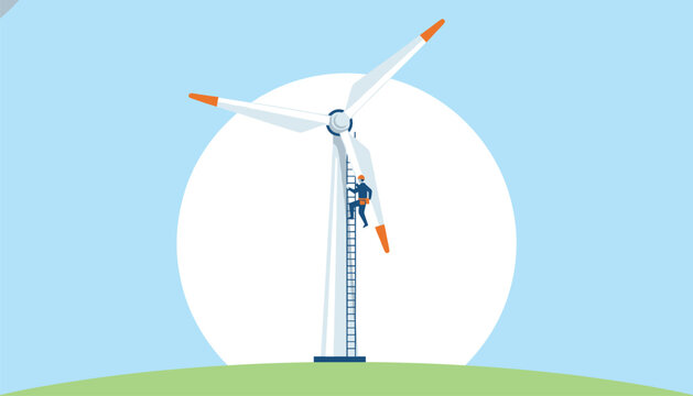 Technician climbs vertical ladder on white wind turbine mast to perform inspection of renewable energy power generation equipment against bright sun.