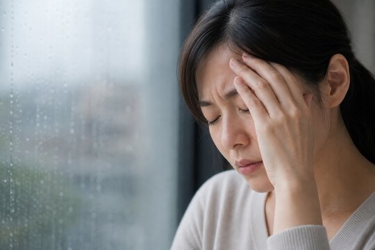 雨の窓際で額を押さえる女性の不調