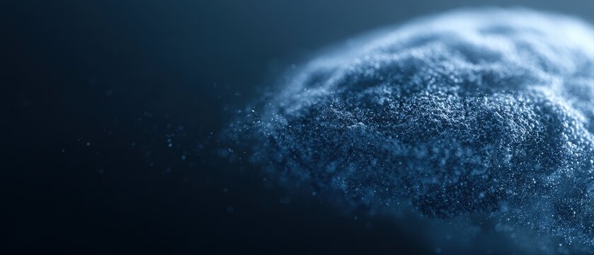massive AI brain formed from billions of floating particles, deep blue digital space, cinematic technology background