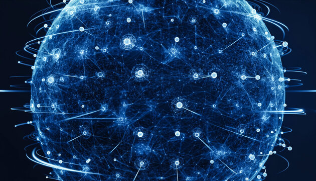 Digital network sphere with glowing nodes and connecting lines in futuristic cyber space