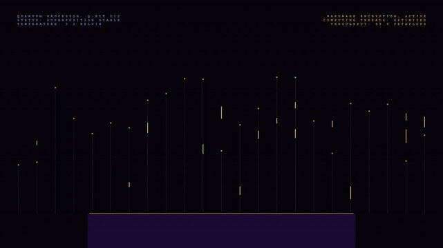 Futuristic quantum processor HUD with data equalizer and superposition metrics