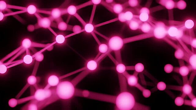 A vibrant pink molecular network glows against a dark background.