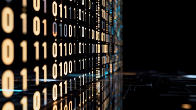 Binary code data stream on digital surface