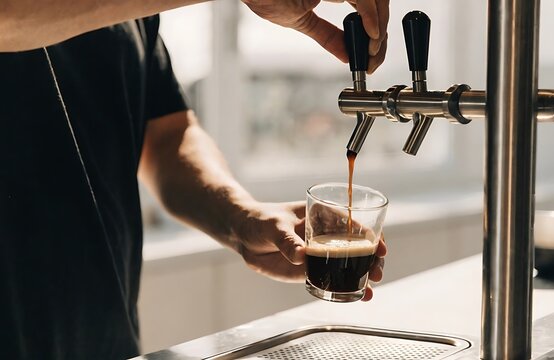Closeup of a barista pouring a fresh nitro cold brew coffee from a tap into a glass