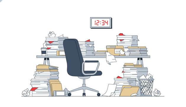 Messy office desk filled with piles of paper, files, and trash bin under digital clock, chaotic workplace, administrative backlog, and lack of organization.