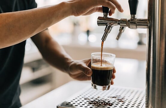Closeup of a barista pouring nitro cold brew coffee from a tap into a glass at a modern cafe