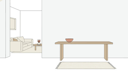 Fototapeta premium Minimalist wooden console table with a decorative bowl, placed on a rug, with a couch visible in the adjacent room, showcasing modern interior design.