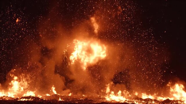 A powerful vortex of fire and glowing embers fills the frame against a dark background.