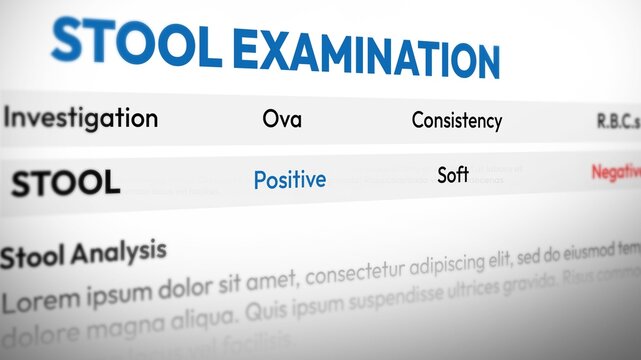 Analysis of medical stool examination reports for health diagnostics and laboratory results, background