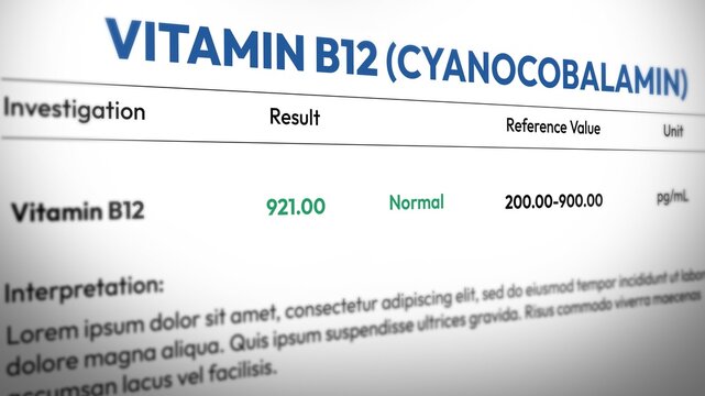 Vitamin B12 blood test results indicating normal cyanocobalamin levels in diagnostic report format, backdrop