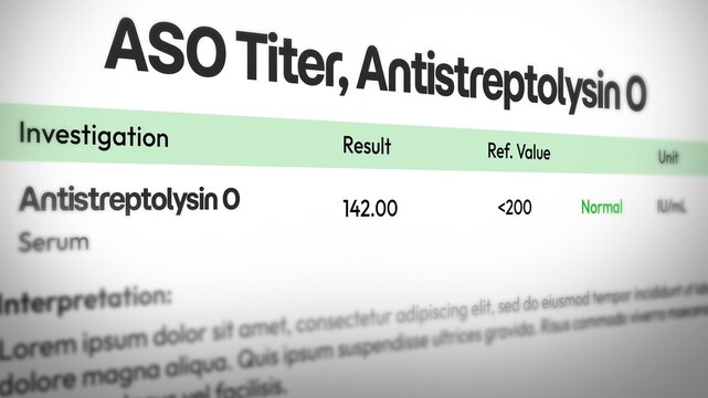 Antistreptolysin O titer test  concept design with reference value and result, backdrop