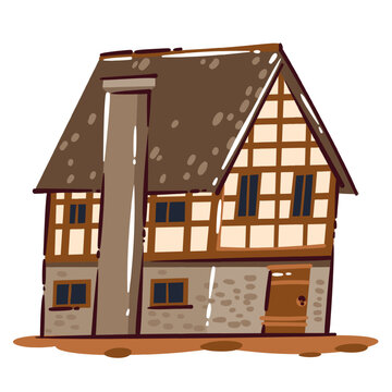 German Half Timbered House with steep roof, stone base, wooden beams, chimney, windows and brown door. Historic German half timbered house, hand drawn naive vector illustration.