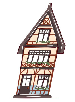 German Half Timbered House with narrow facade, steep roof, wooden beams, flower boxes, tall windows and dark door. Historic German half timbered house, hand drawn naive vector illustration.