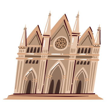 German Gothic Cathedral Landmark with tall spires, rose window, pointed arches and beige stone facade. Travel to Germany with German Gothic Cathedral Landmark, hand drawn naive vector illustration.