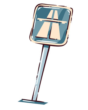 Highway Road Sign Icon with blue square plate, white motorway symbol, slim pole and beige rim. Navigation with Highway Road Sign Icon, hand drawn naive vector illustration.