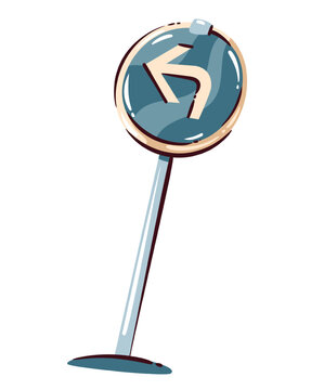 Pedestrian Road Sign with blue round plate, walking symbol, slim pole and beige rim. Street navigation icon with Pedestrian Road Sign, hand drawn naive vector illustration.