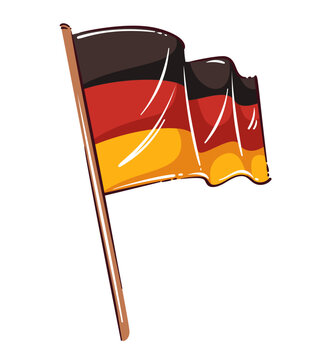 German Flag on pole with black red gold stripes, waving cloth shape and glossy highlights. Travel symbol with German Flag, hand drawn naive vector illustration.