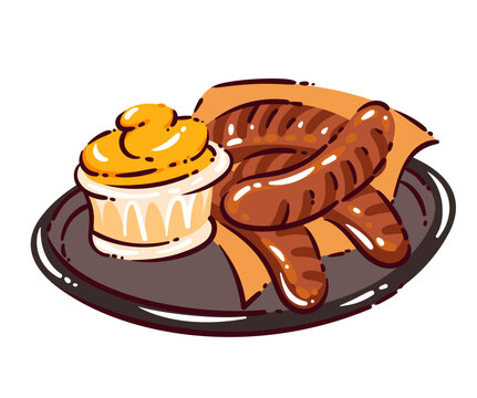 German Sausages with mustard cup, grilled bratwurst on dark plate, napkin, brown crust marks and creamy dip. Oktoberfest food with German sausages, hand drawn naive vector illustration.