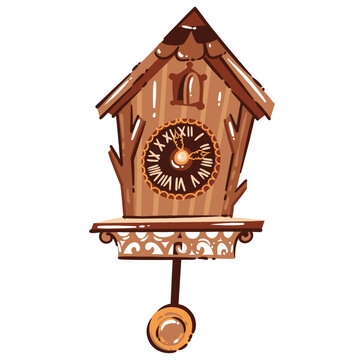 German Cuckoo Clock with wooden chalet case, roman dial, carved trim, pendulum and small bird door. Black Forest decor with German Cuckoo Clock, hand drawn naive vector illustration.