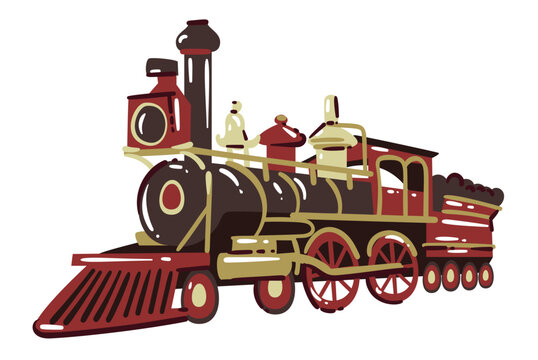 Steam Train with black boiler, red wheels, smokestack, front cowcatcher and coal car. Vintage railway transport with Steam Train, hand drawn naive vector illustration.