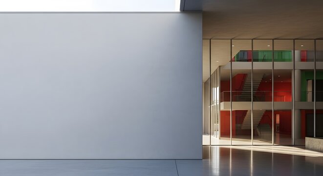 Minimalist modern architecture exterior with blank white wall and colorful glass interior