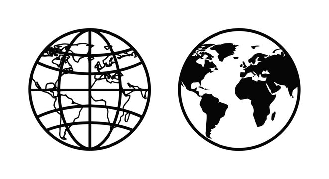 Vector illustration of set of two globe icons with world map silhouettes on a transparent background